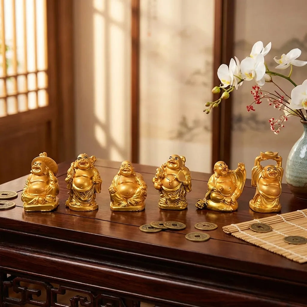 Golden Laughing Buddha Set Of Six Pieces Statue