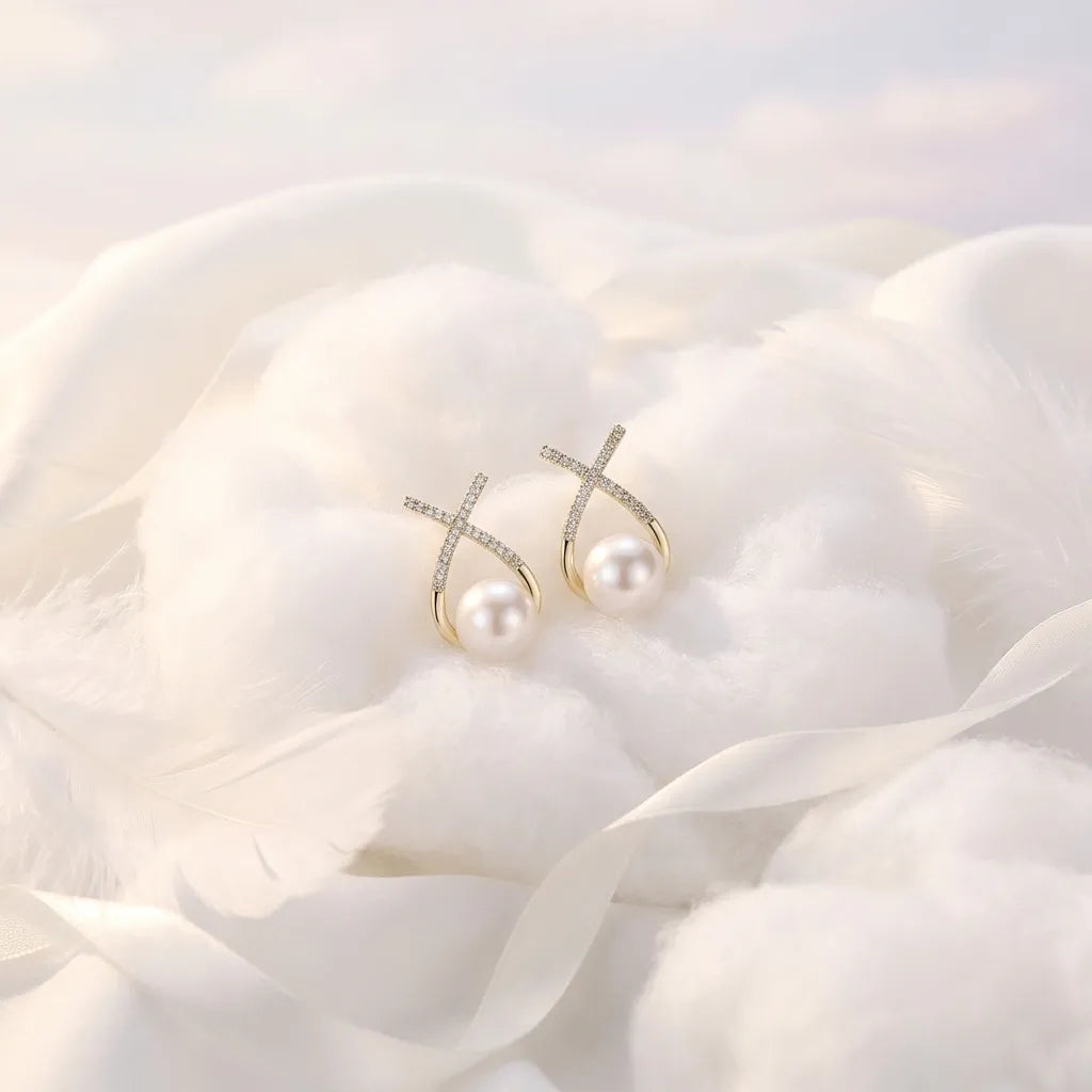 Korean Studded Cross Pearl Stud Earrings