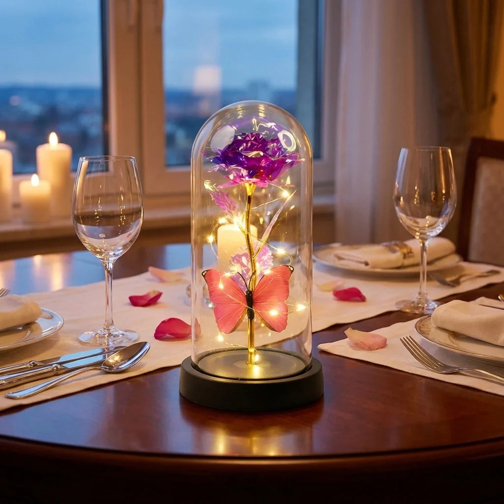 Led Decorative Rose With Butterfly In Transparent Plastic Dome (1 Pc Battery Not Included)