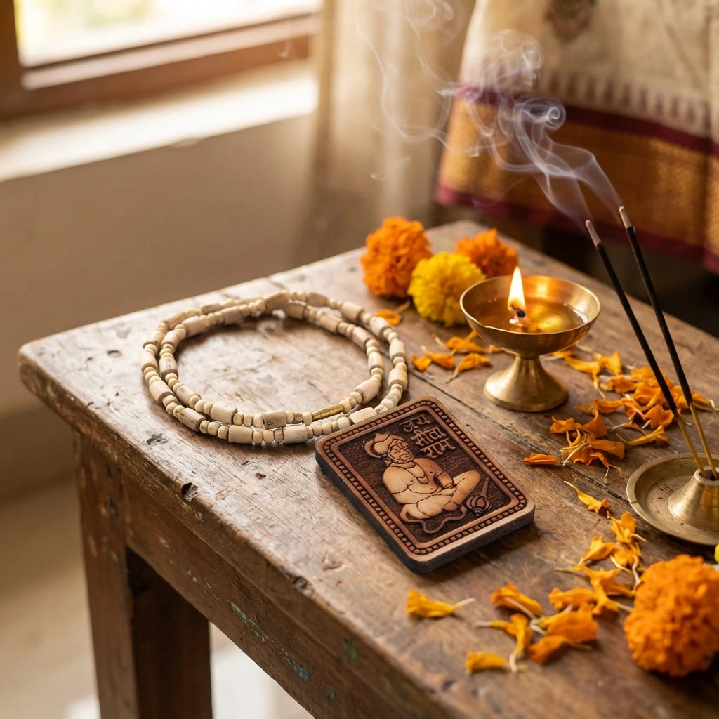 Bageshwar Dham Tulsi Mala with Wooden Hanumanji Locket