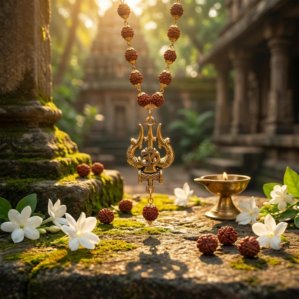 Rudraksha Mala with OM Trishul Pendant – 108+1 Beads