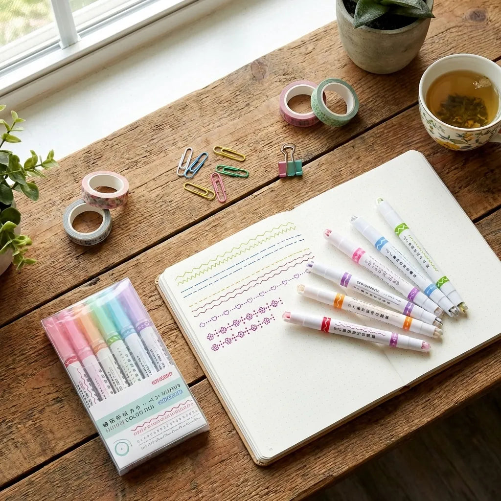 Linear Roller Color Pens Highlighters with 6 Different Curve Shapes (Set of 6)