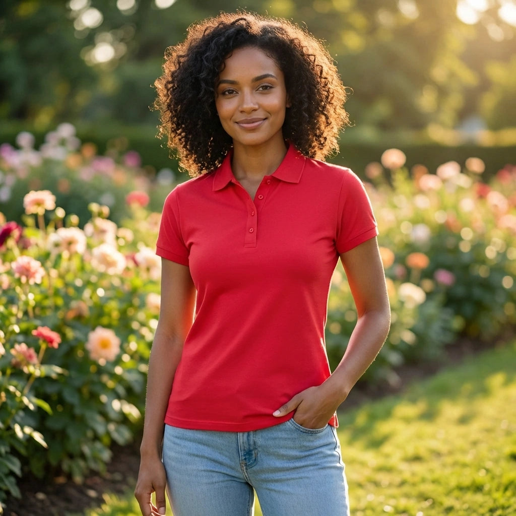 Red Cotton Blend Polo Neck Tshirt