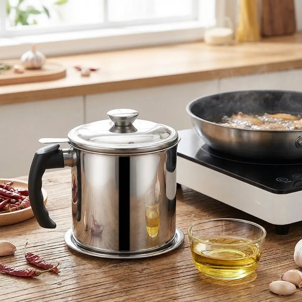 Stainless Steel Oil Pot With Filter & Lid