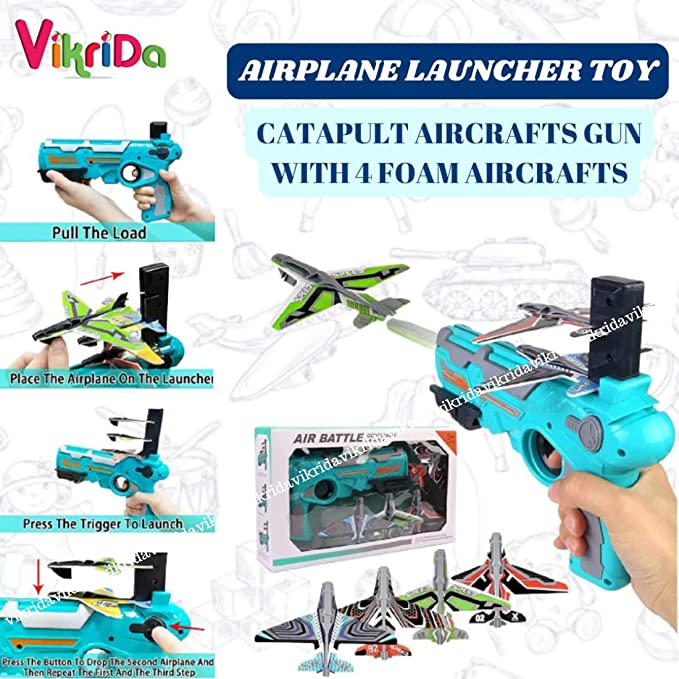 Airplane Launcher Toy Catapult Aircrafts Gun with 4 Foam Planes One Size