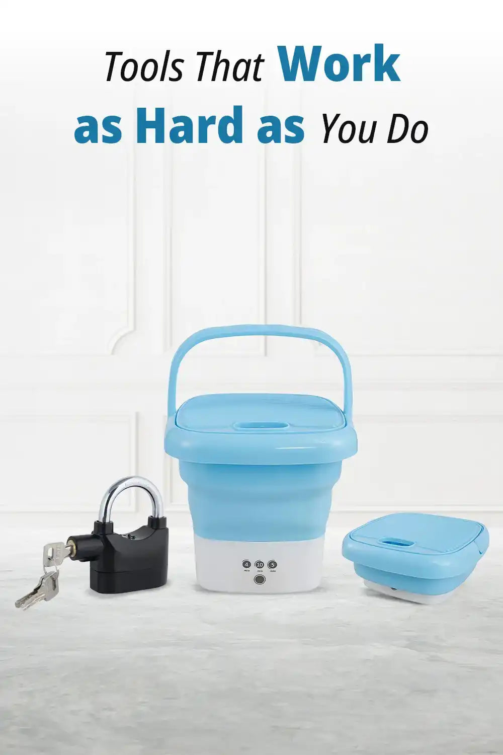 A blue and white portable, collapsible washing machine.