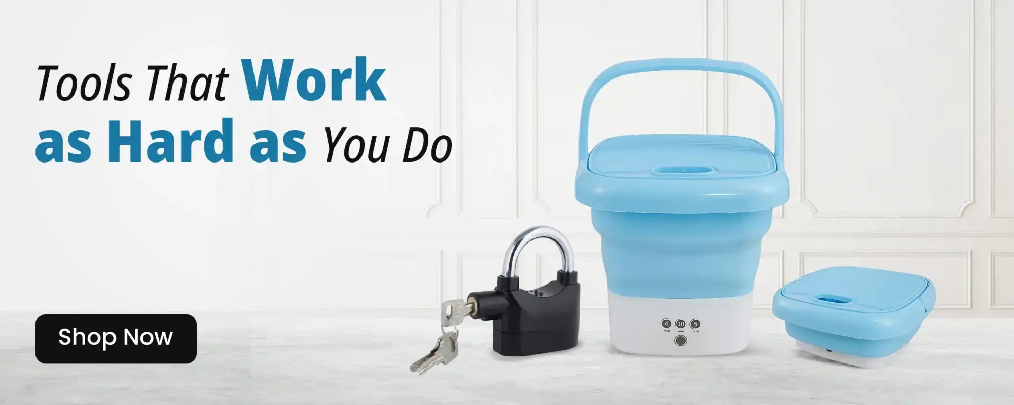 A collapsible blue mini washing machine and a security padlock with keys.