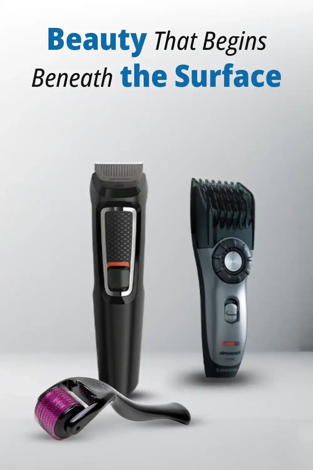 A collection of grooming tools including two hair trimmers and a derma roller.