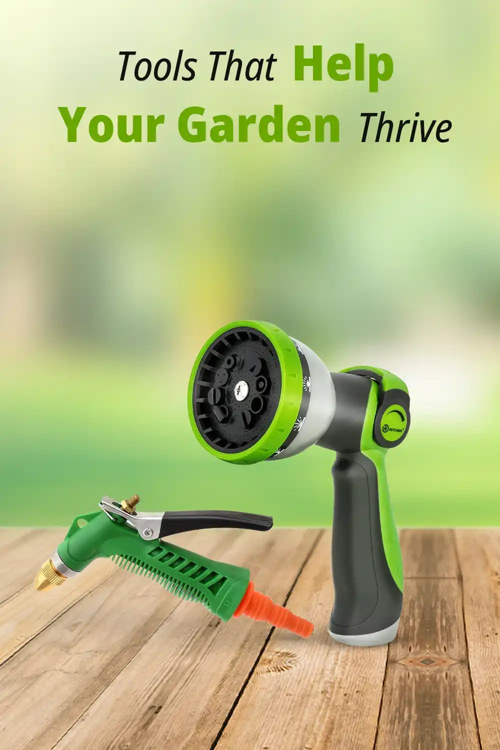 Green and black garden hose nozzles.