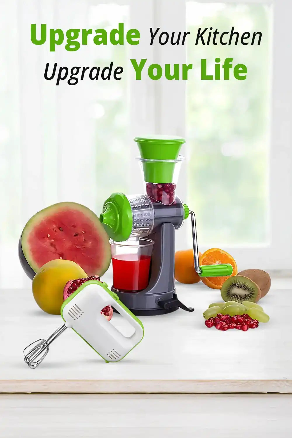 A manual juicer and a hand mixer with fresh fruit.