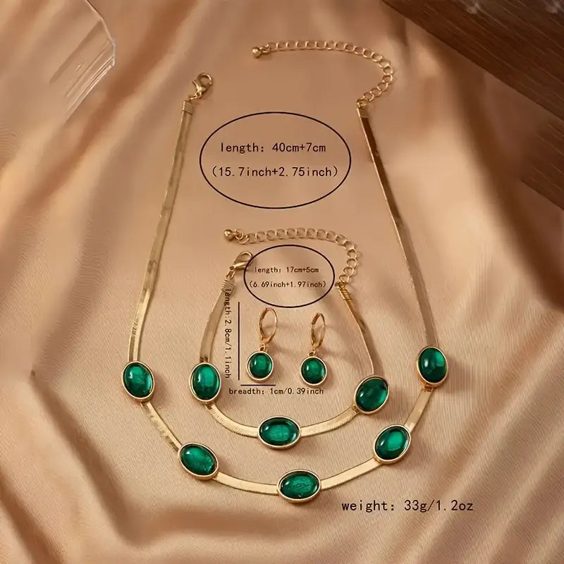 Oval Green Crystal Pendant Necklace Set With Bracelet jewelry