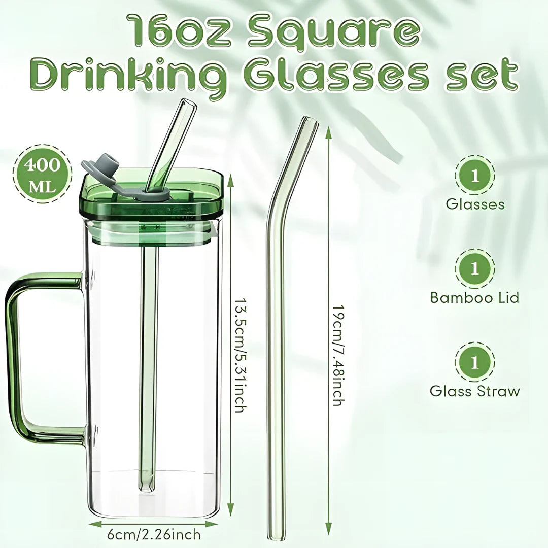 Square Glass with Lid and Straw