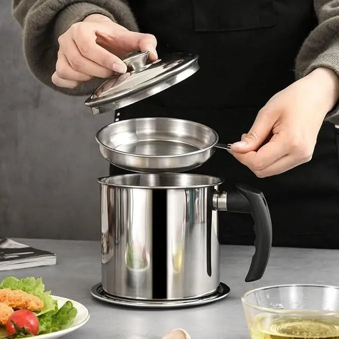 Stainless Steel Oil Pot With Filter & Lid Home & Kitchen