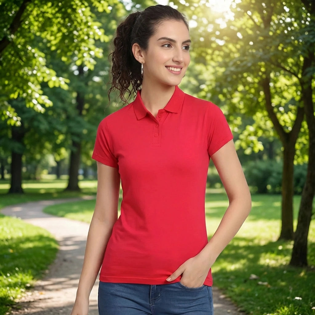 Red Cotton Blend Polo Neck Tshirt