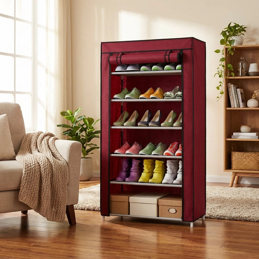 Shoe Rack Stand- 6 Layer Steel Tube And Plastic Dustproof & Damp-proof Portable Collapsible Shoe Rack Stand(6 Shelves)