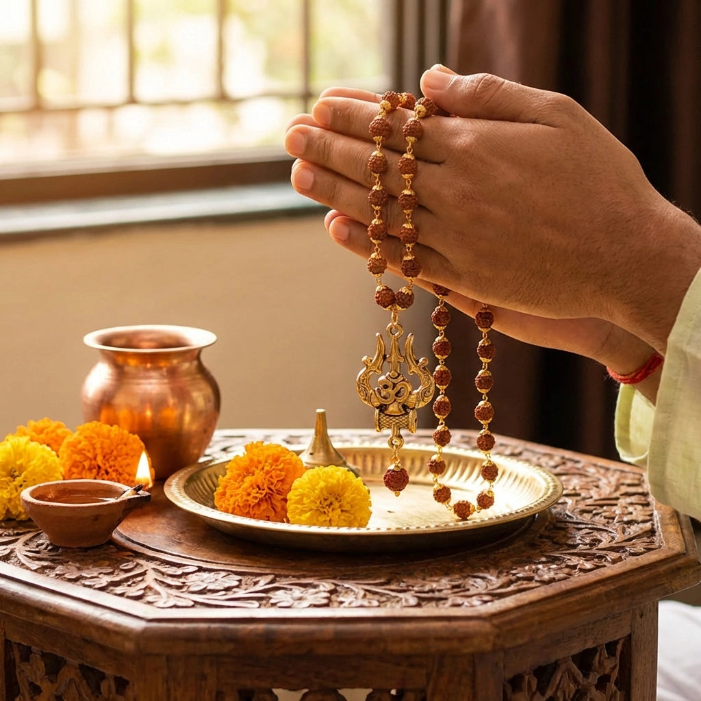 Rudraksha Mala with OM Trishul Pendant – 108+1 Beads