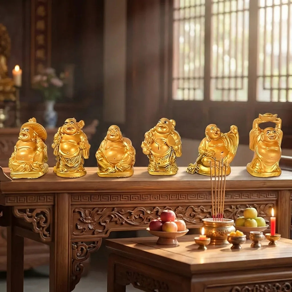 Golden Laughing Buddha Set Of Six Pieces Statue