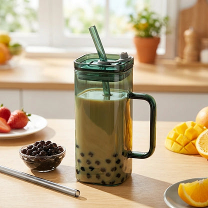 Square Glass with Lid and Straw