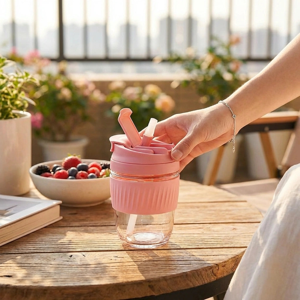 Glass Tumbler with Airtight Lid and Straw
