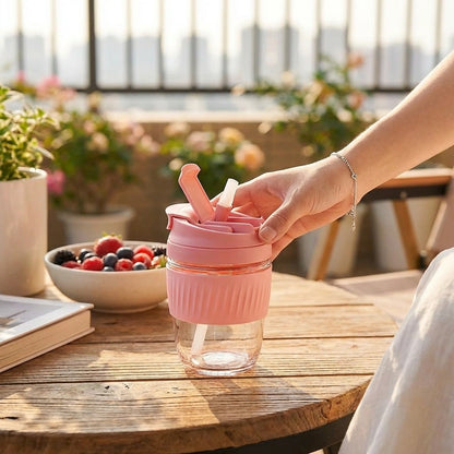 Glass Tumbler with Airtight Lid and Straw