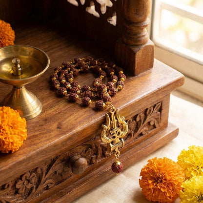 Rudraksha Mala with OM Trishul Pendant – 108+1 Beads