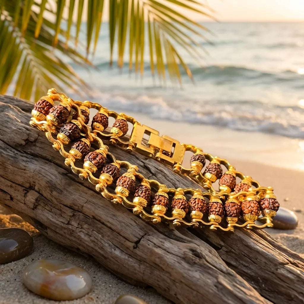 5 Mukhi Rudraksha Bracelet – Gold-Plated Alloy Beads, Convertible Jewelry for Men & Women