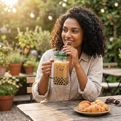 Square Glass with Lid and Straw