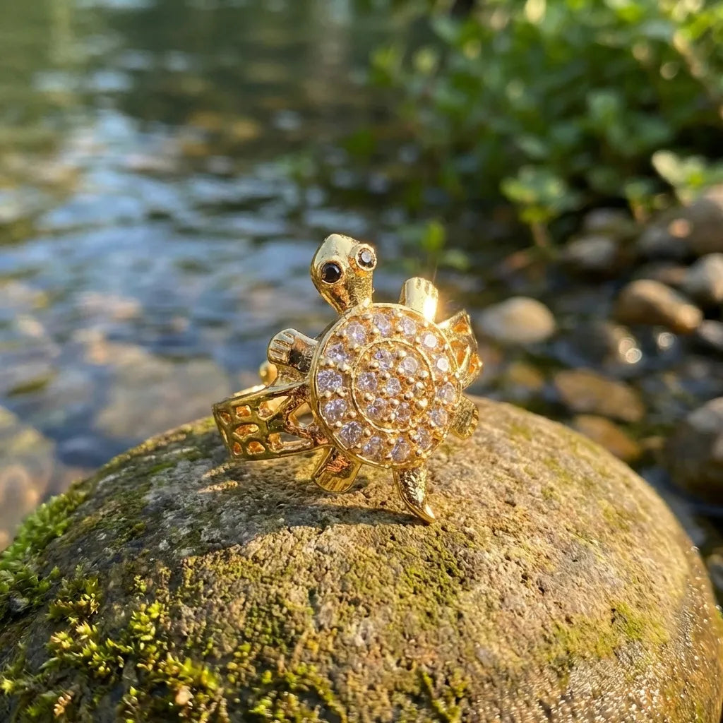 Panchdhatu Zircon Studded Turtle Meru Ring Set of 2