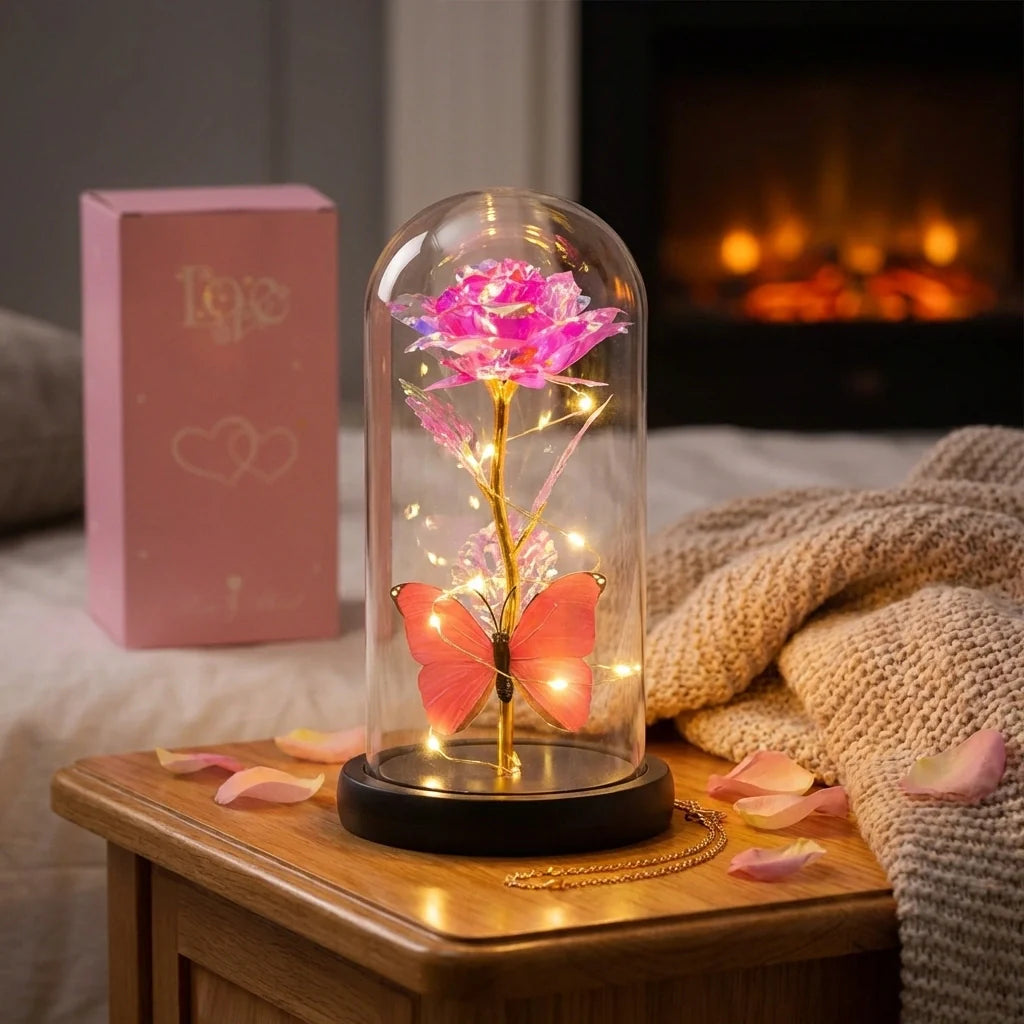 Led Decorative Rose With Butterfly In Transparent Plastic Dome (1 Pc  Battery Not Included)