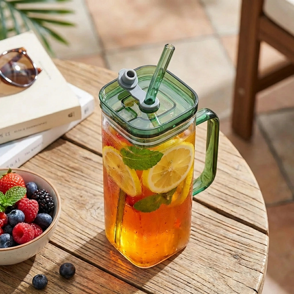 Square Glass with Lid and Straw