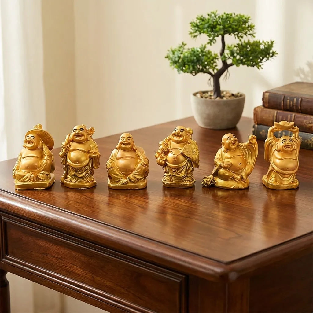 Golden Laughing Buddha Set Of Six Pieces Statue