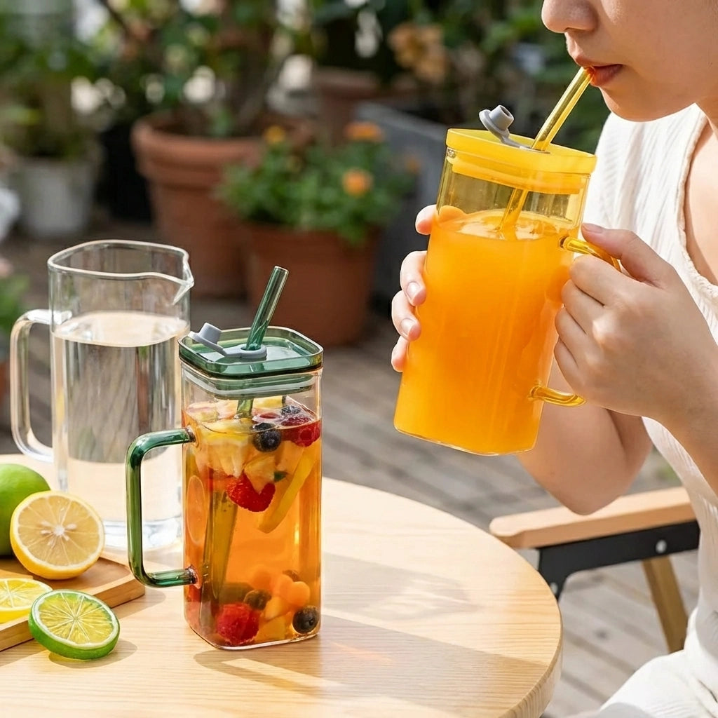 Square Glass with Lid and Straw