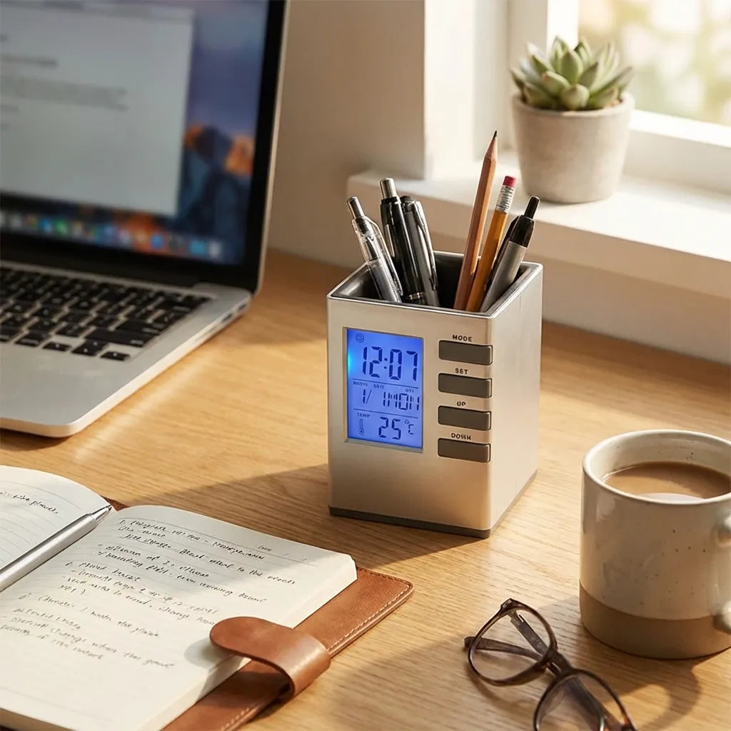 Smart Desk Clock Pen Holder