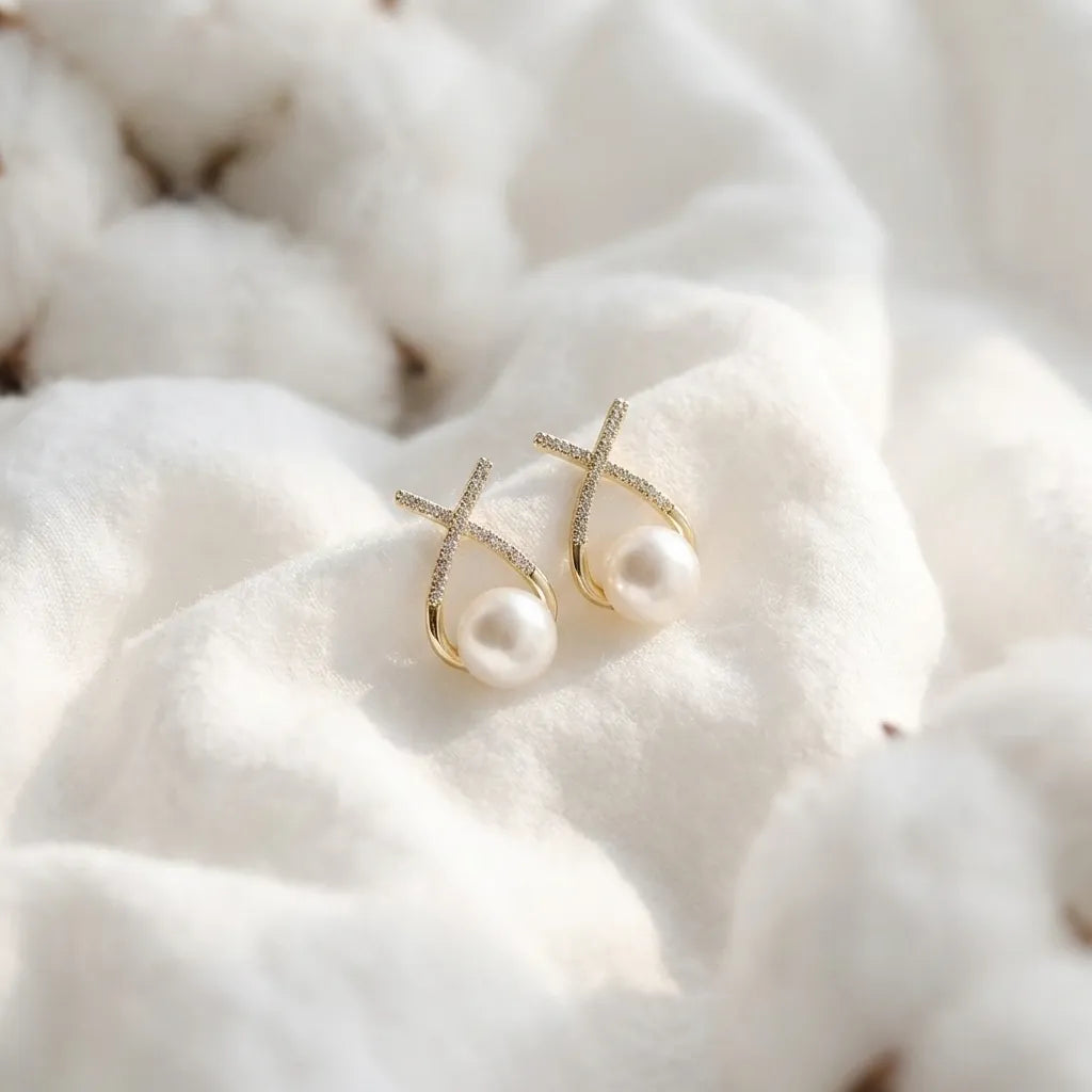 Korean Studded Cross Pearl Stud Earrings