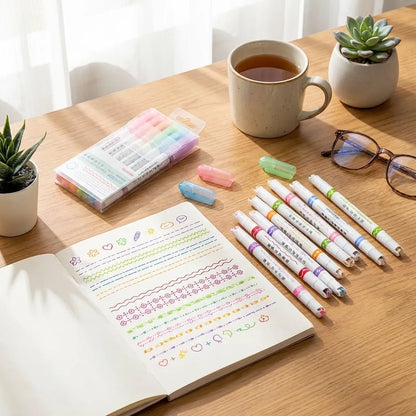 Linear Roller Color Pens Highlighters with 6 Different Curve Shapes (Set of 6)