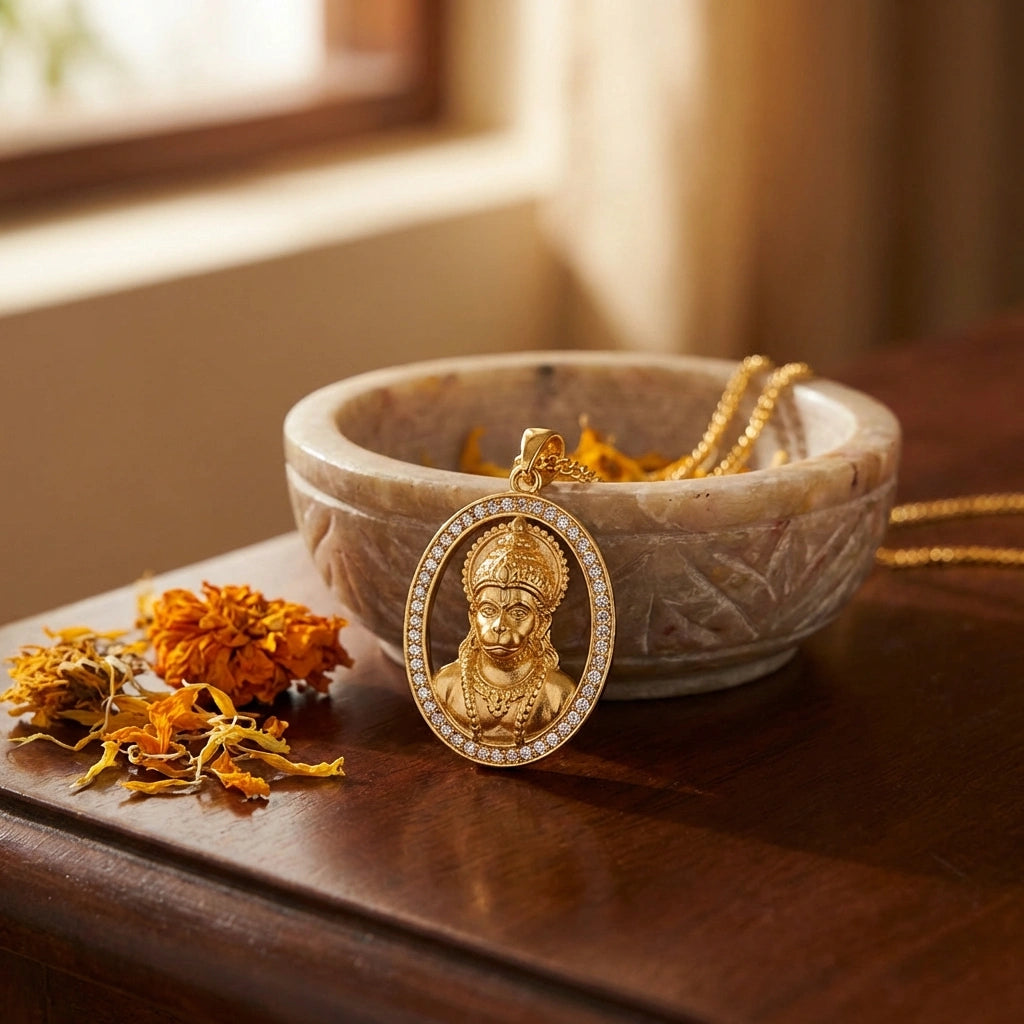 Gold-Plated Hanuman Face Pendant with Stone
