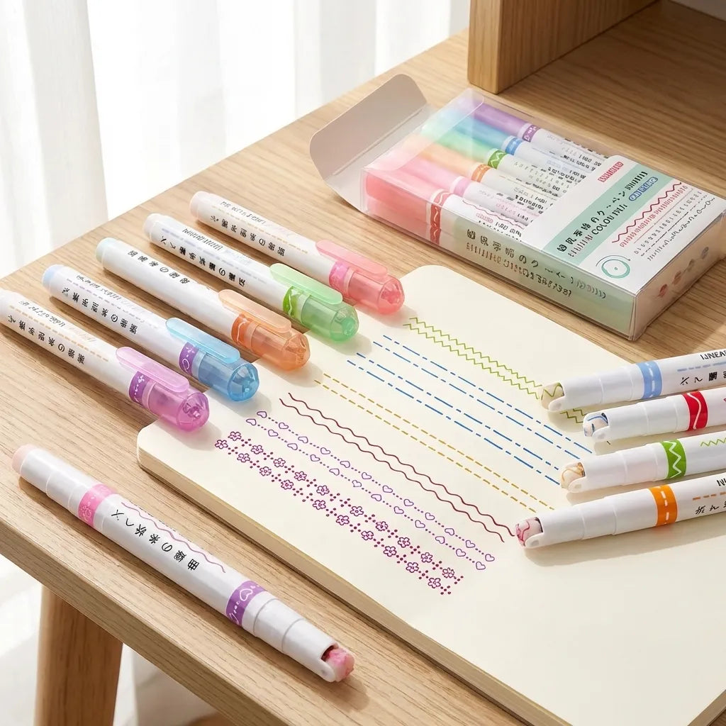 Linear Roller Color Pens Highlighters with 6 Different Curve Shapes (Set of 6)