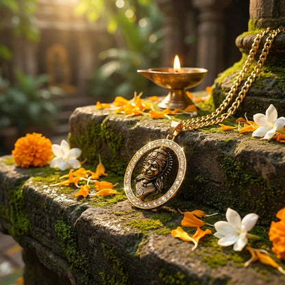 Gold-Plated Hanuman Face Pendant with Stone