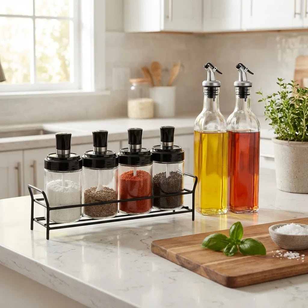 Glass Oil Dispenser & Spice Jar Set – 5 Pcs