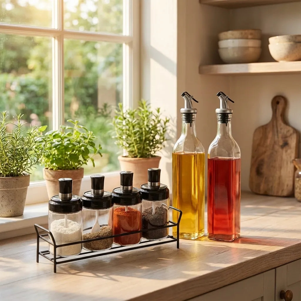 Glass Oil Dispenser & Spice Jar Set – 5 Pcs