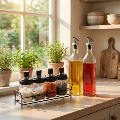 Glass Oil Dispenser & Spice Jar Set – 5 Pcs