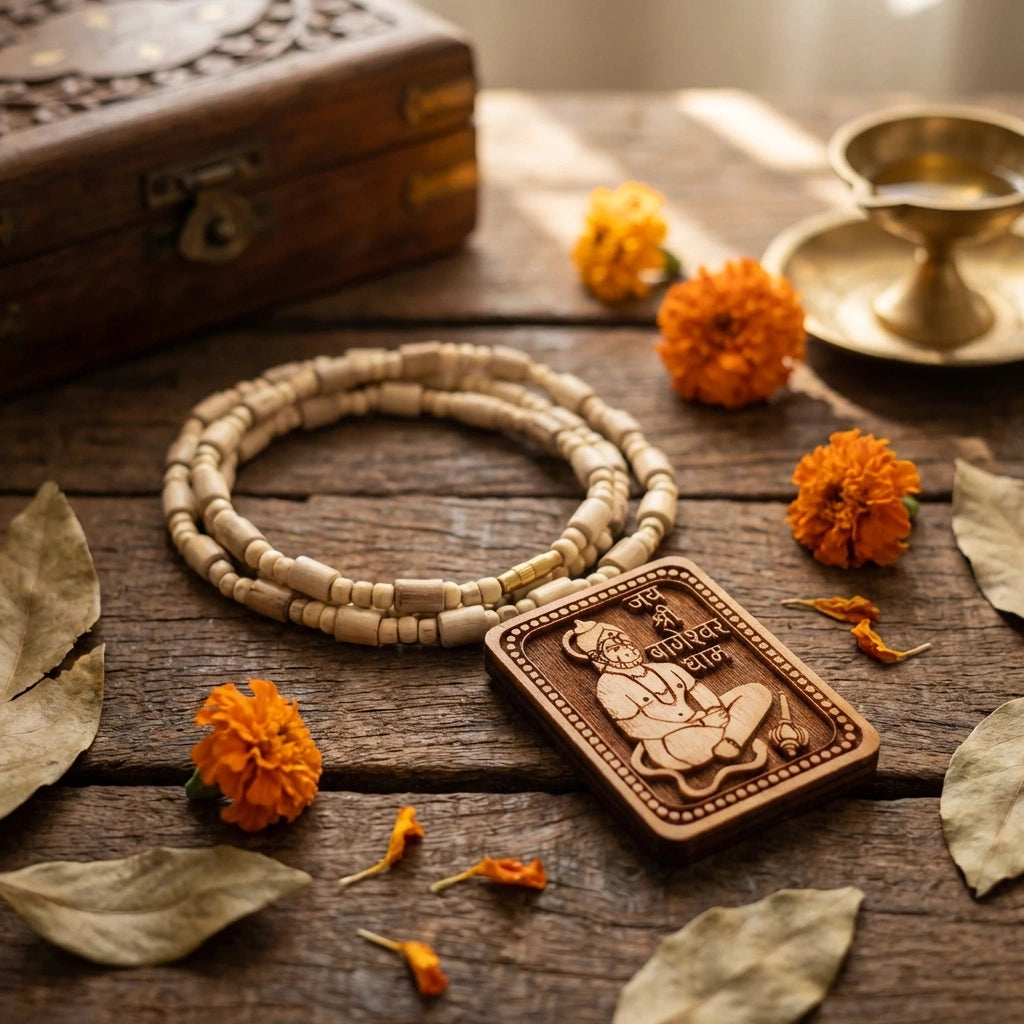 Bageshwar Dham Tulsi Mala with Wooden Hanumanji Locket