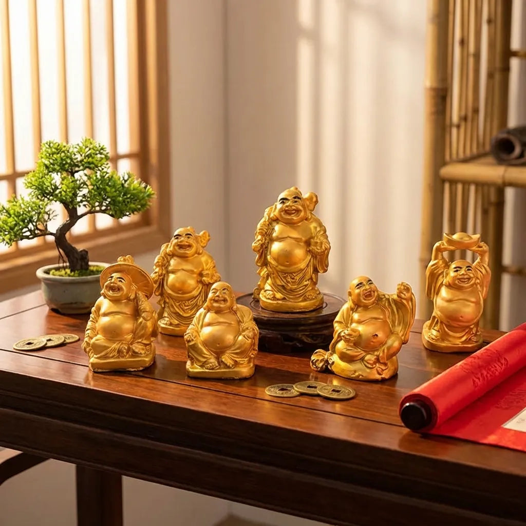 Golden Laughing Buddha Set Of Six Pieces Statue