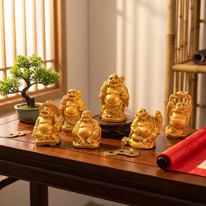 Golden Laughing Buddha Set Of Six Pieces Statue