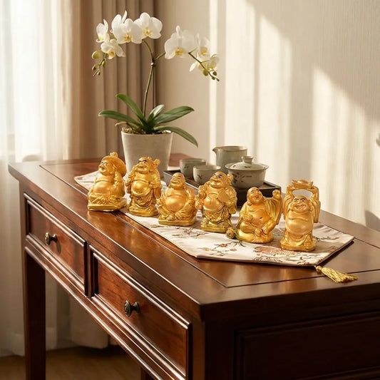 Golden Laughing Buddha Set Of Six Pieces Statue