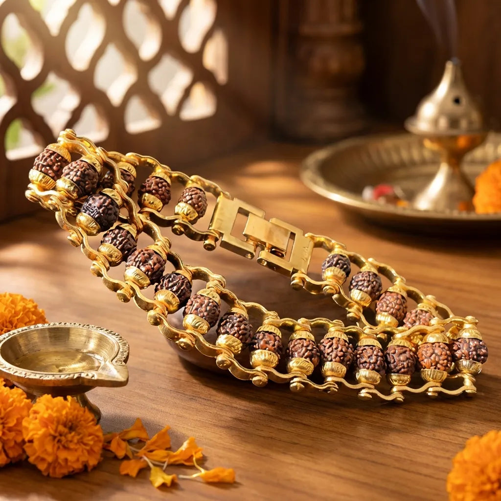 5 Mukhi Rudraksha Bracelet – Gold-Plated Alloy Beads, Convertible Jewelry for Men & Women