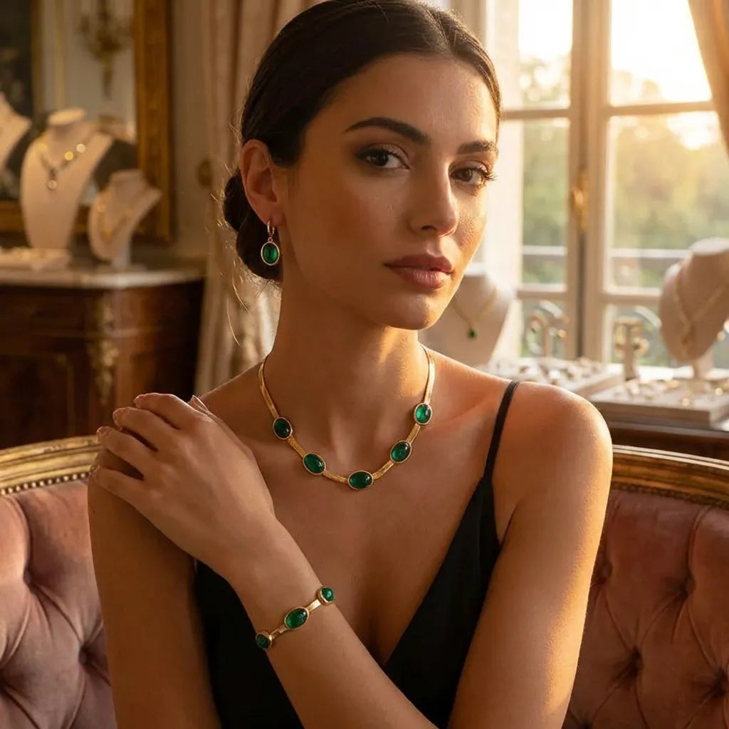 Oval Green Crystal Pendant Necklace Set With Bracelet