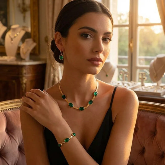 Oval Green Crystal Pendant Necklace Set With Bracelet