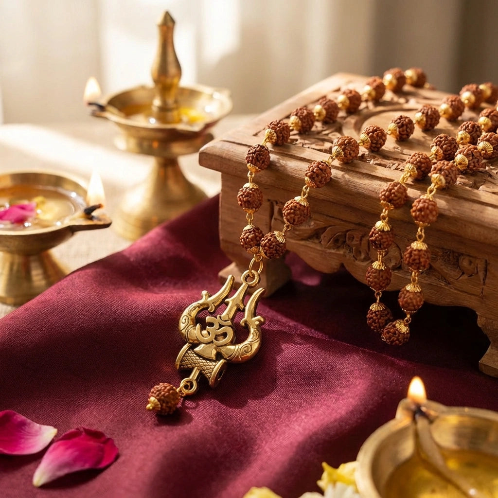 Rudraksha Mala with OM Trishul Pendant – 108+1 Beads