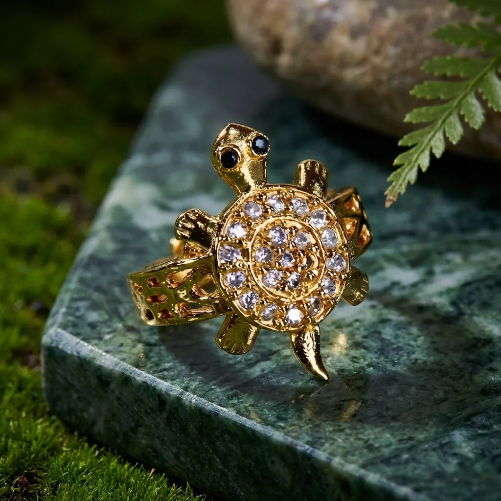 Panchdhatu Zircon Studded Turtle Meru Ring Set of 2